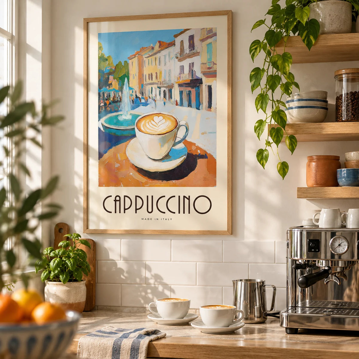 Watercolor Kitchen Art, framed on the wall of a bright kitchen coffee corner