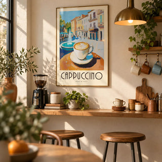 Watercolor Kitchen Art, framed on the wall of a home café corner