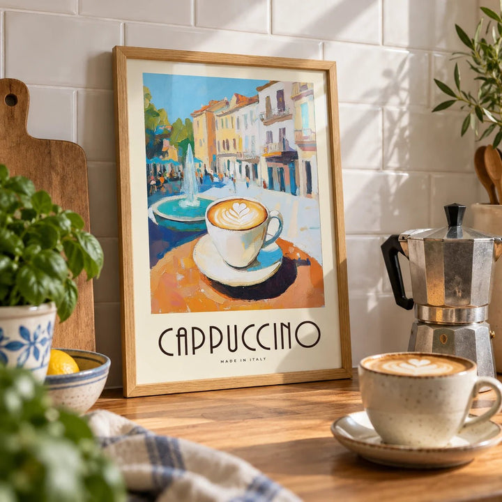 Watercolor Kitchen Art, a small A4 framed print leaning on a worktop