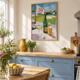 Watering Hole Golf Art Print, framed on the wall of a bright contemporary kitchen in a UK terraced house with sky blue lower cabinets