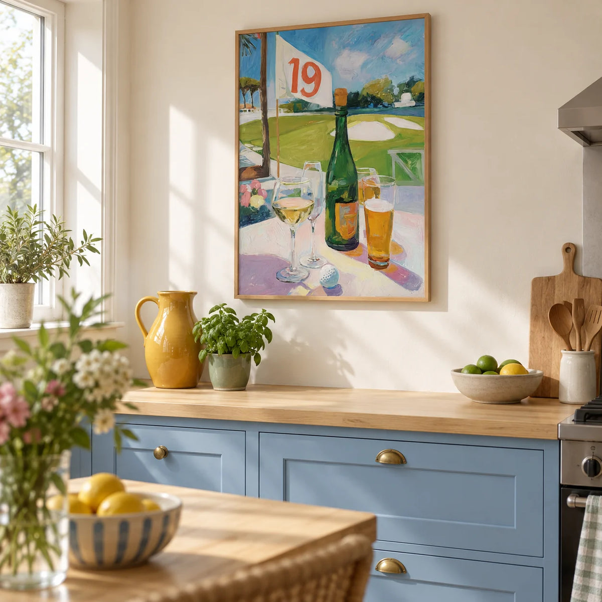Watering Hole Golf Art Print, framed on the wall of a bright contemporary kitchen in a UK terraced house with sky blue lower cabinets