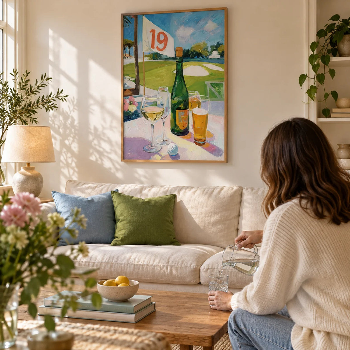 Watering Hole Golf Art Print, framed on the wall of a comfortable living room in a UK family home with warm white walls and a low cream linen sofa