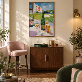 Watering Hole Golf Art Print, framed on the wall of a welcoming home bar in a UK suburban house with warm cream walls and a walnut floor in a living room