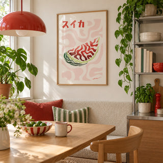 Watermelon Print hung above a breakfast nook in a city apartment kitchen (frame not included)