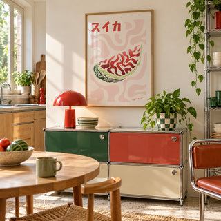 Watermelon Print hung above a retro modular console in a playful kitchen (frame not included)