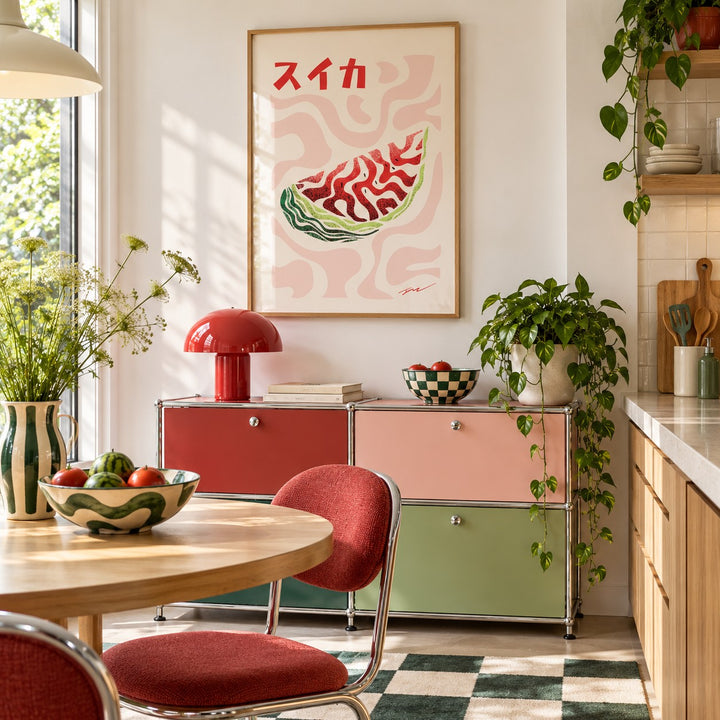 Watermelon Print hung above a retro sideboard in a kitchen dining area (frame not included)