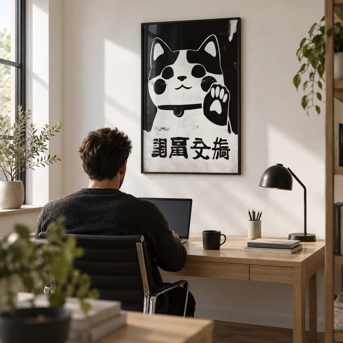 Waving Maneki Neko, framed on the wall of a calm home office with a white wall