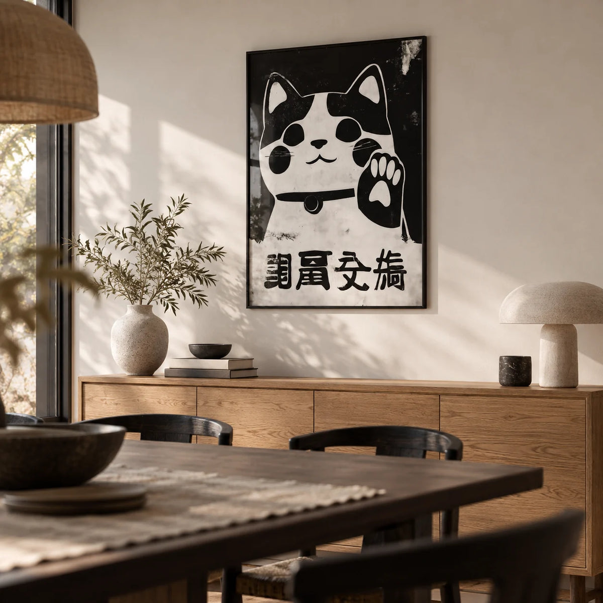 Waving Maneki Neko, framed on the wall of a Japandi dining room with a warm white wall