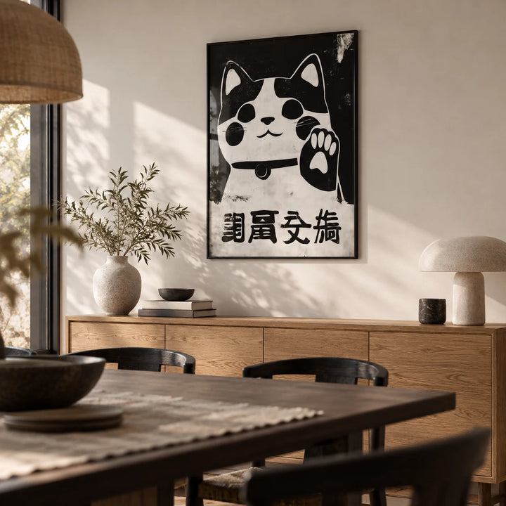 Waving Maneki Neko, framed on the wall of a Japandi dining room with a warm white wall