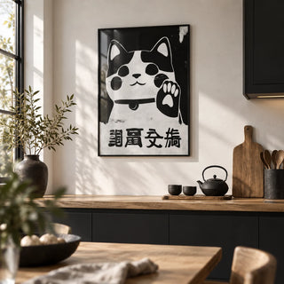 Waving Maneki Neko, framed on the wall of a Japandi kitchen with a white wall and black cabinets