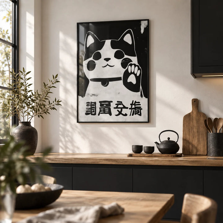 Waving Maneki Neko, framed on the wall of a Japandi kitchen with a white wall and black cabinets