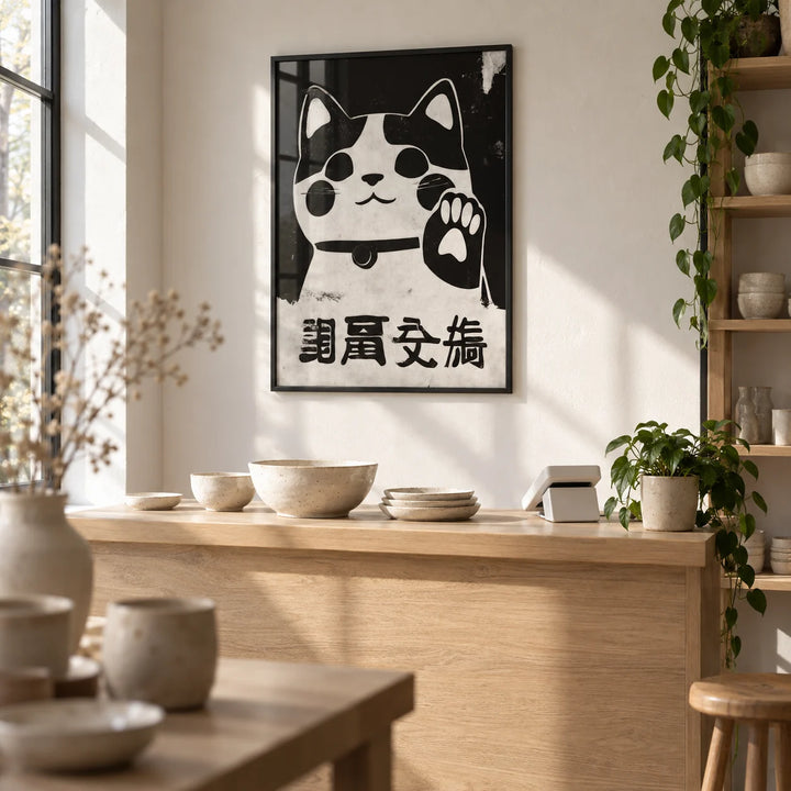 Waving Maneki Neko, framed on the wall of a small independent ceramics studio shop with a white wall in a home office