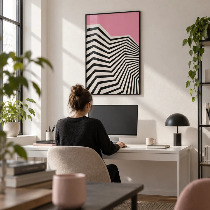 Wavy Wall Art, framed on the wall of a design studio with a white wall in a home office