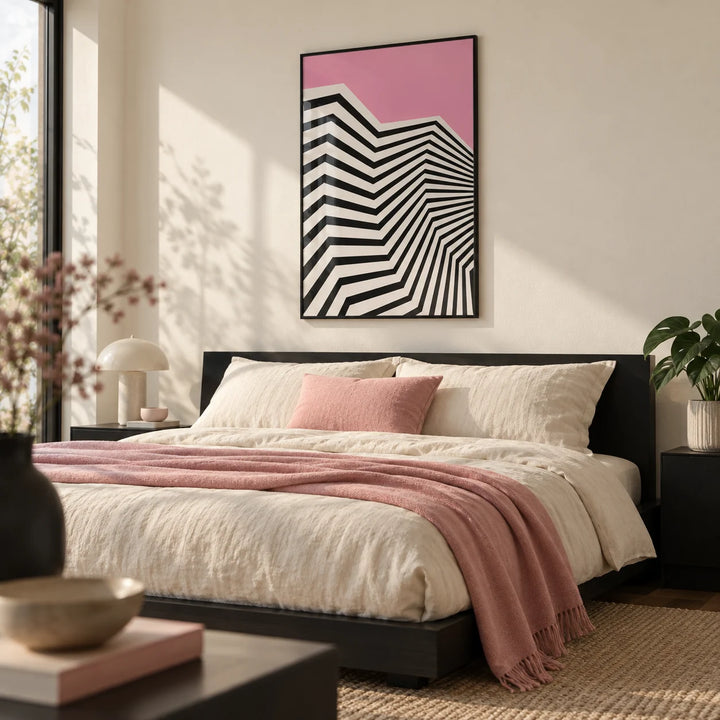 Wavy Wall Art, framed on the wall of a modern bedroom with a cream wall