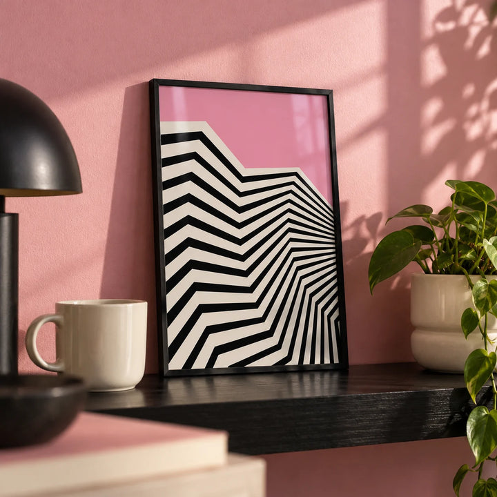 Wavy Wall Art, a small A4 framed print leaning on a black shelf in a living room