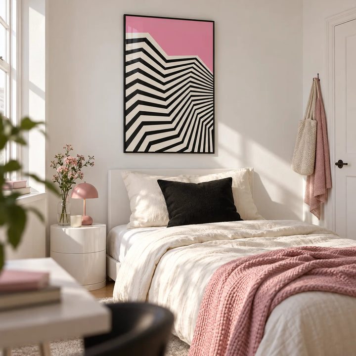 Wavy Wall Art, framed on the wall of a young lady's bedroom (18-25) with a white wall