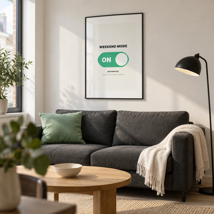 Weekend Poster, framed on the wall of a crisp contemporary living room in a UK city flat with an off-white wall