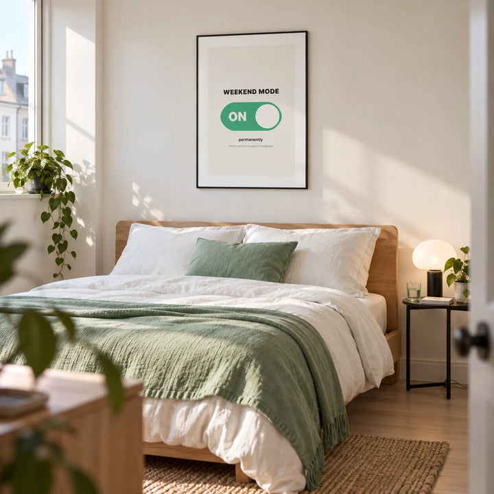 Weekend Poster, framed on the wall of a modern bedroom for a couple aged 25-35 in a UK flat with an off-white wall and pale wood floor