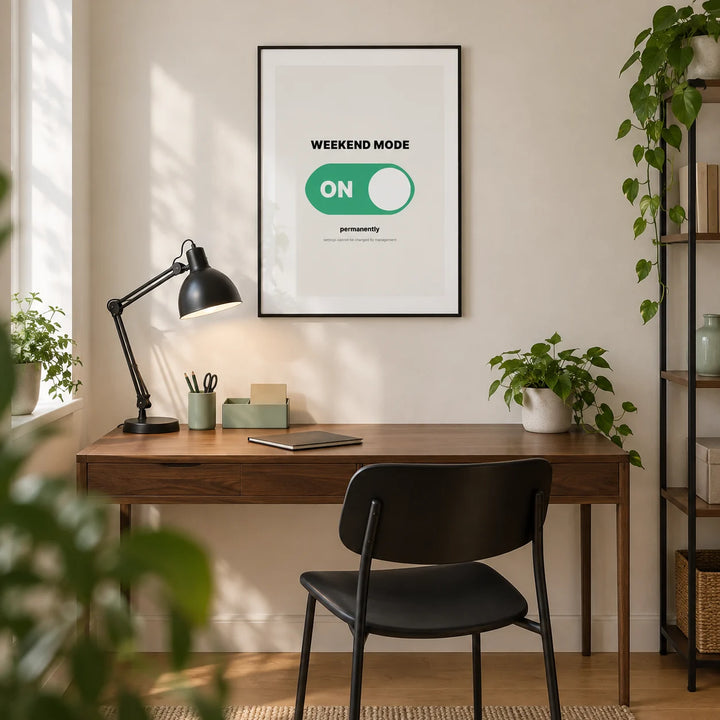 Weekend Poster, framed on the wall of a modern home office in a UK first flat for a young professional (25-35)