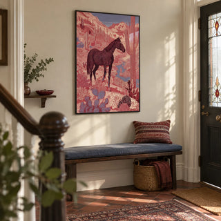 Western Horse Wall Art, framed on the wall of a characterful entrance hallway in a UK Victorian terrace with cream walls and a reddish quarry-tile floor