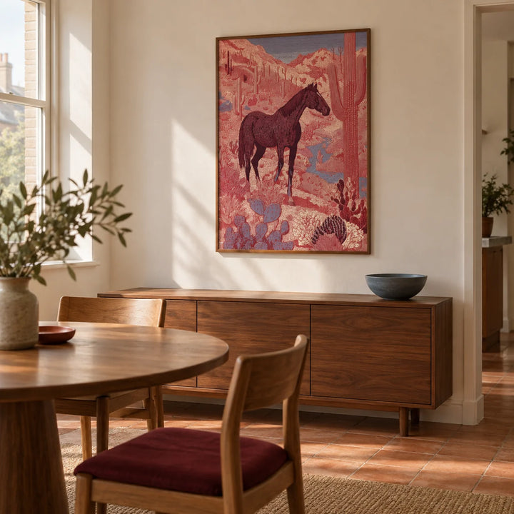Western Horse Wall Art, framed on the wall of a contemporary dining room in a UK flat with warm white walls and a terracotta floor