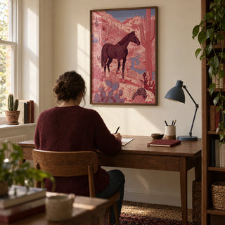 Western Horse Wall Art, framed on the wall of a quiet home study in a UK house with warm cream walls and a walnut desk