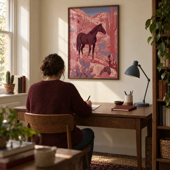 Western Horse Wall Art, framed on the wall of a quiet home study in a UK house with warm cream walls and a walnut desk