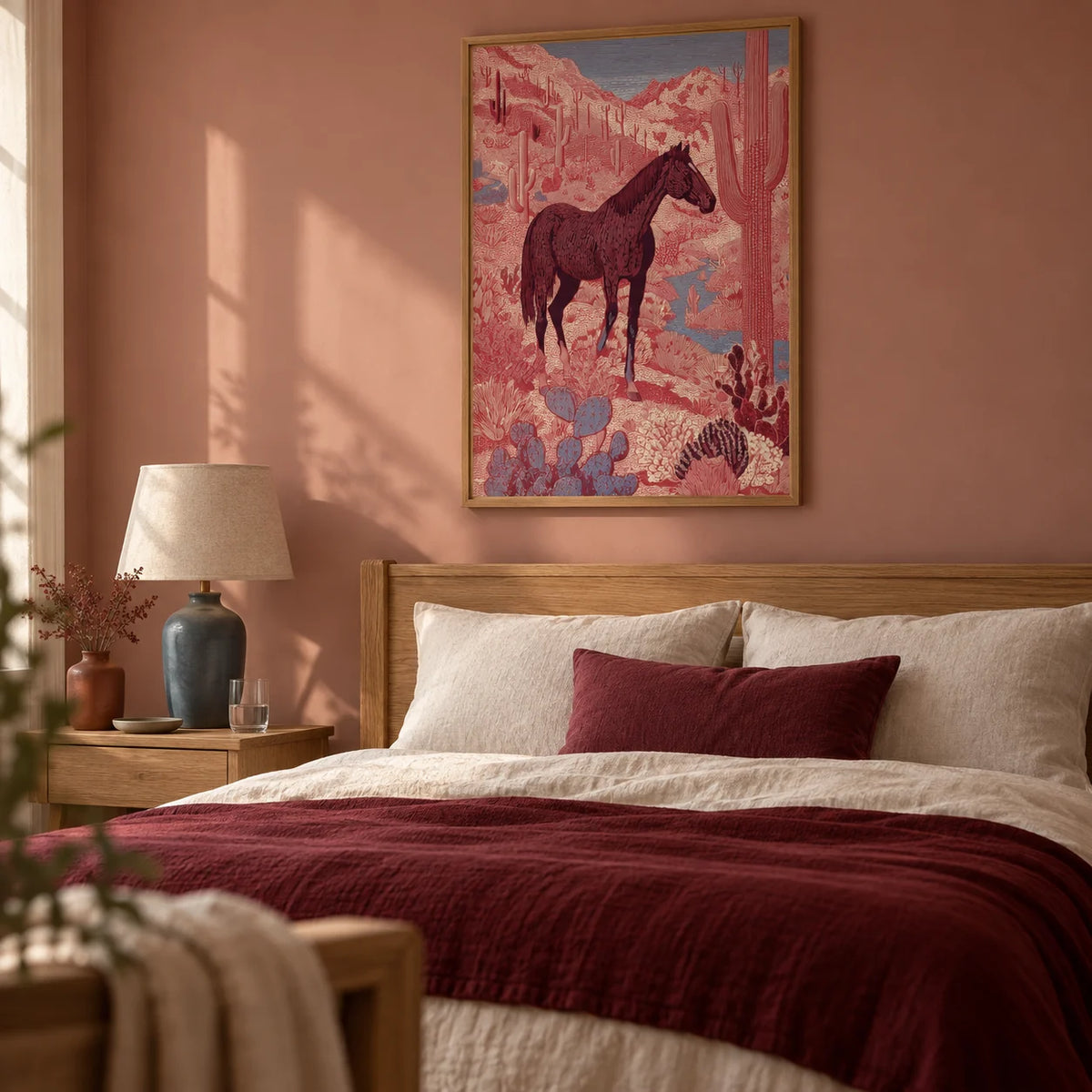Western Horse Wall Art, framed on the wall of a restful adult bedroom in a UK home with a muted clay-pink wall and simple oak furniture