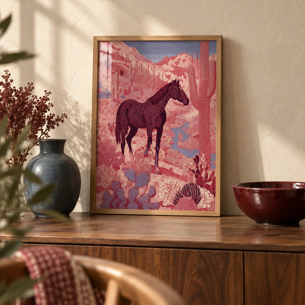 Western Horse Wall Art, a small A4 framed print leaning on a walnut sideboard in a living room
