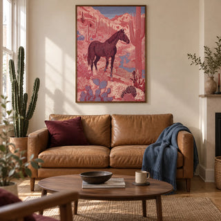 Western Horse Wall Art, framed on the wall of a warm contemporary living room in a UK terraced house with cream plaster walls and oak floorboards