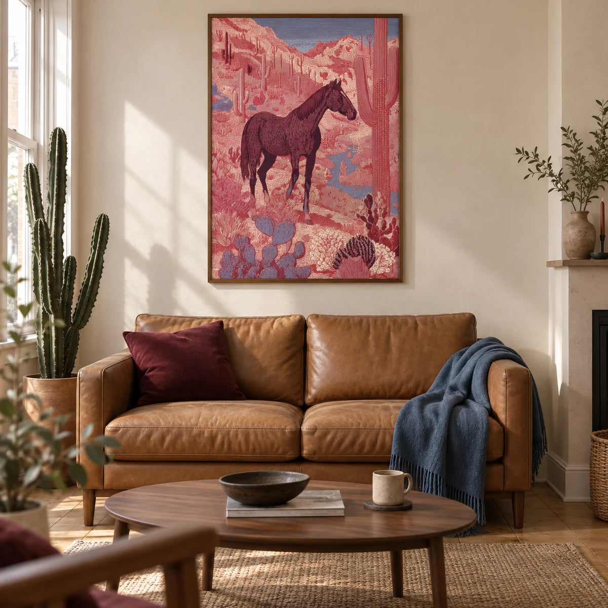 Western Horse Wall Art, framed on the wall of a warm contemporary living room in a UK terraced house with cream plaster walls and oak floorboards