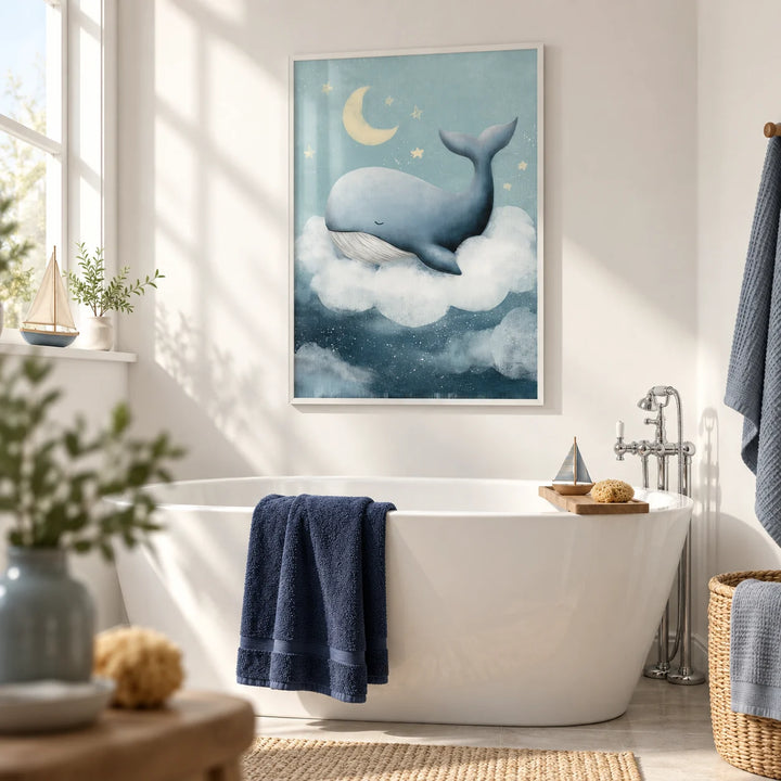 Whale Nursery Wall Art, framed on the wall of a bright family bathroom with white walls