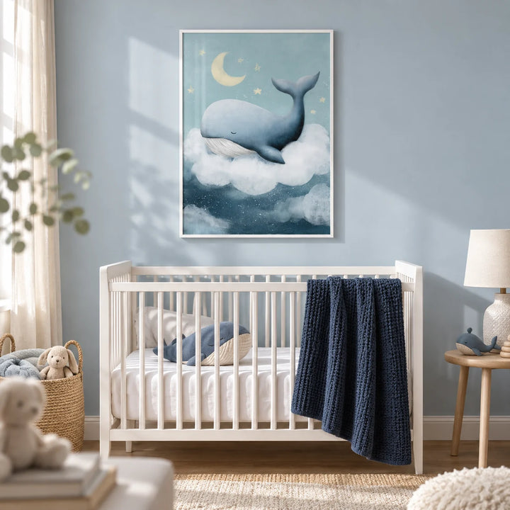 Whale Nursery Wall Art, framed on the wall of a calm ocean nursery with a pale blue wall
