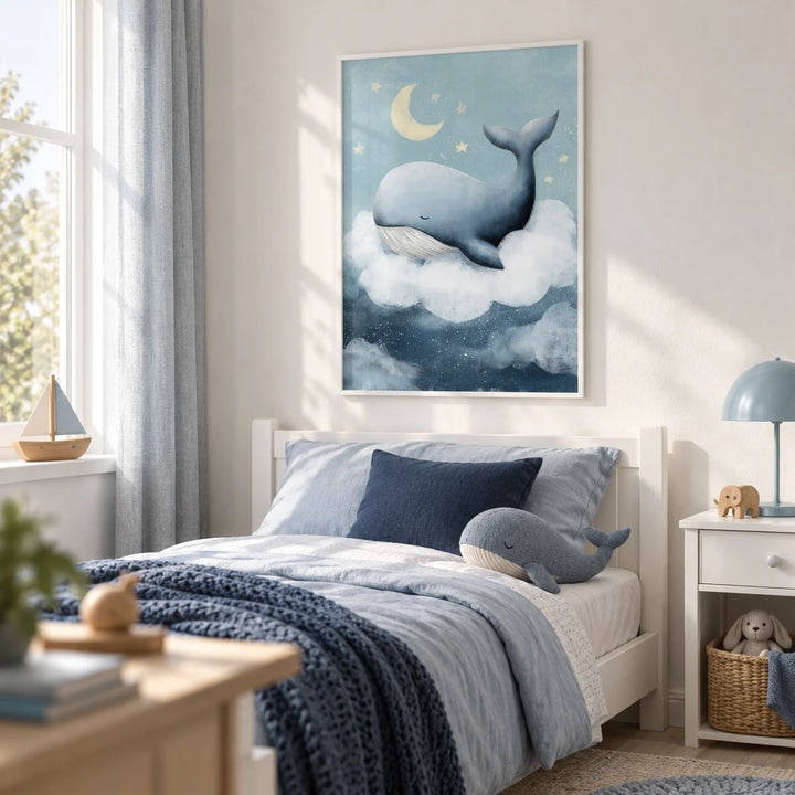 Whale Nursery Wall Art, framed on the wall of a little boy's bedroom with a soft white wall