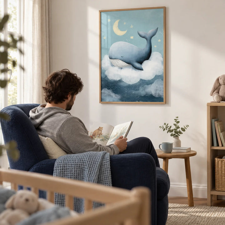 Whale Nursery Wall Art, framed on the wall of a nursery feeding corner with a white wall