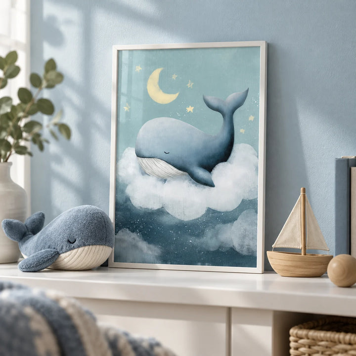 Whale Nursery Wall Art, a small A4 framed print leaning on a white shelf in a living room