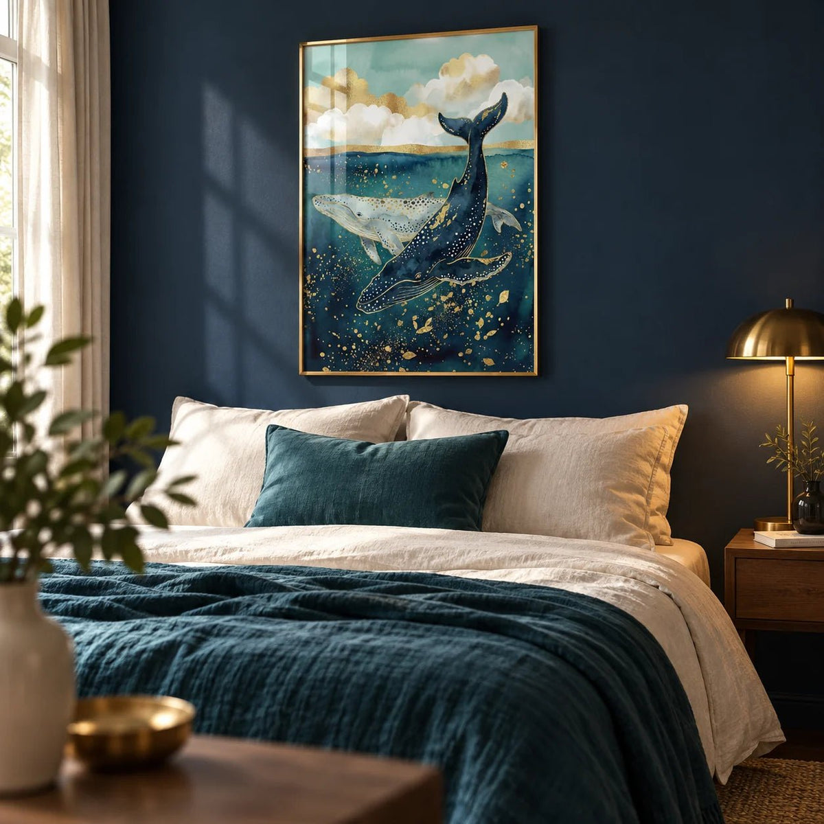 Whale Wall Art, framed on the wall of a calm adult bedroom with a navy painted wall