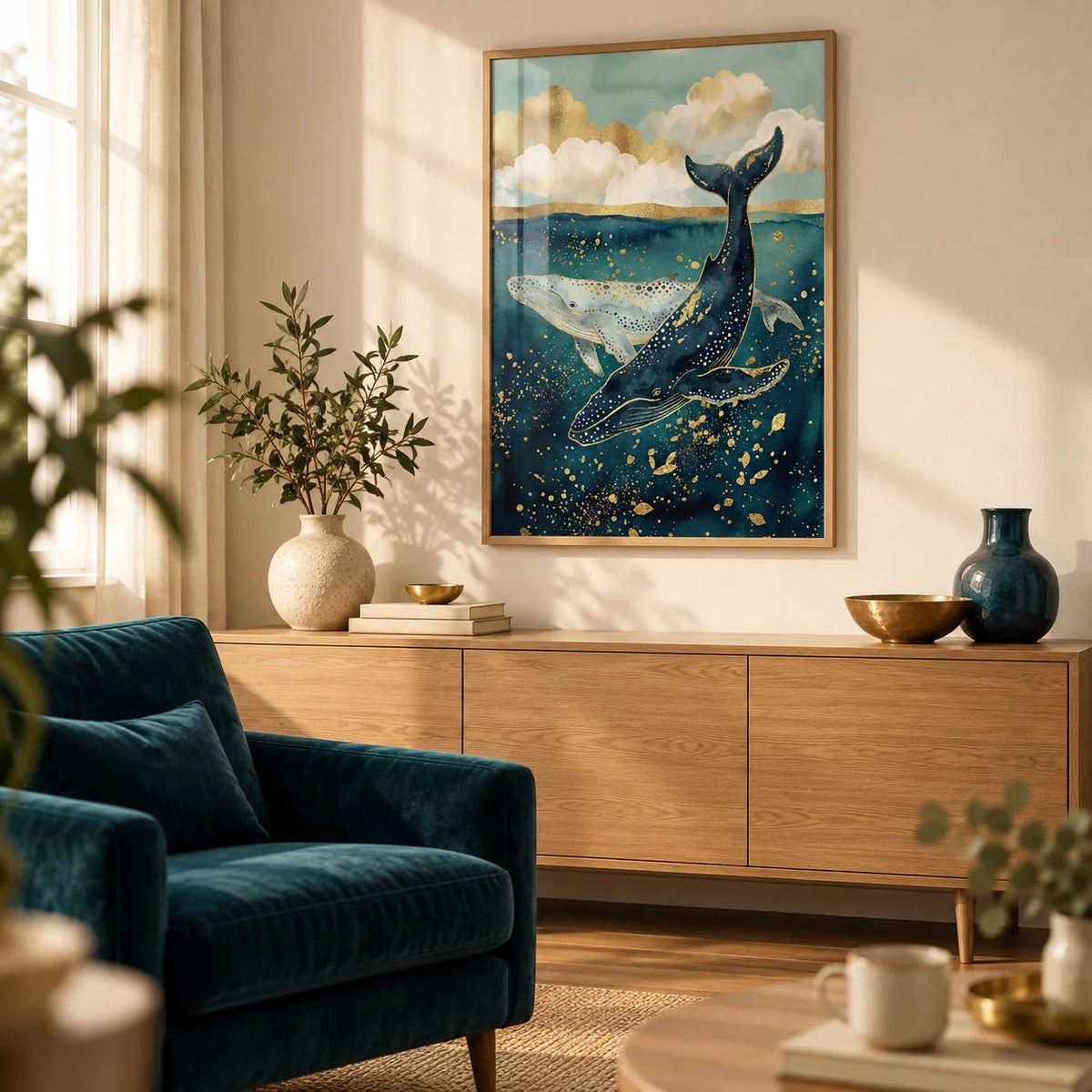 Whale Wall Art, framed on the wall of a calm living room with a warm cream wall