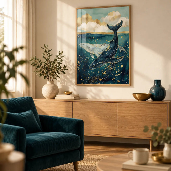 Whale Wall Art, framed on the wall of a calm living room with a warm cream wall