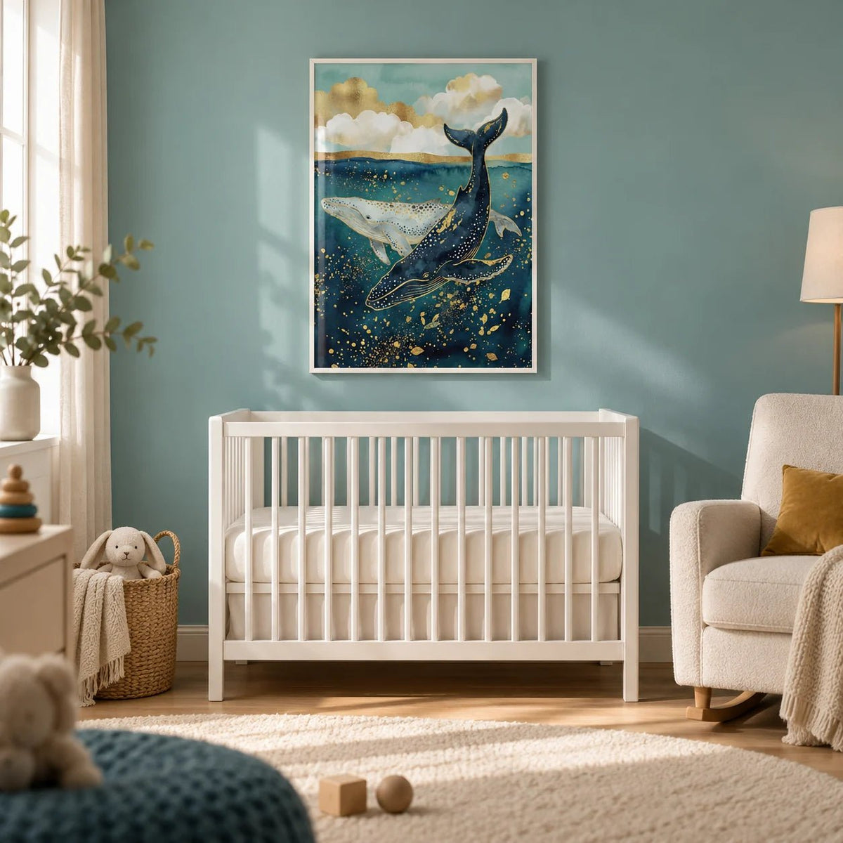 Whale Wall Art, framed on the wall of a calm nursery with a soft teal painted wall