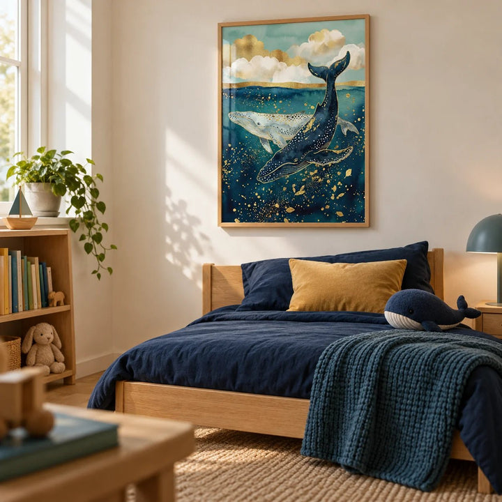 Whale Wall Art, framed on the wall of a cosy child's bedroom with a warm white wall