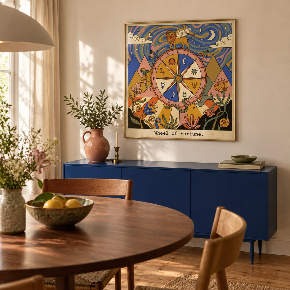 Wheel Of Fortune Tarot Card Art, framed on the wall of a compact dining room in a first home for a couple aged 28-38