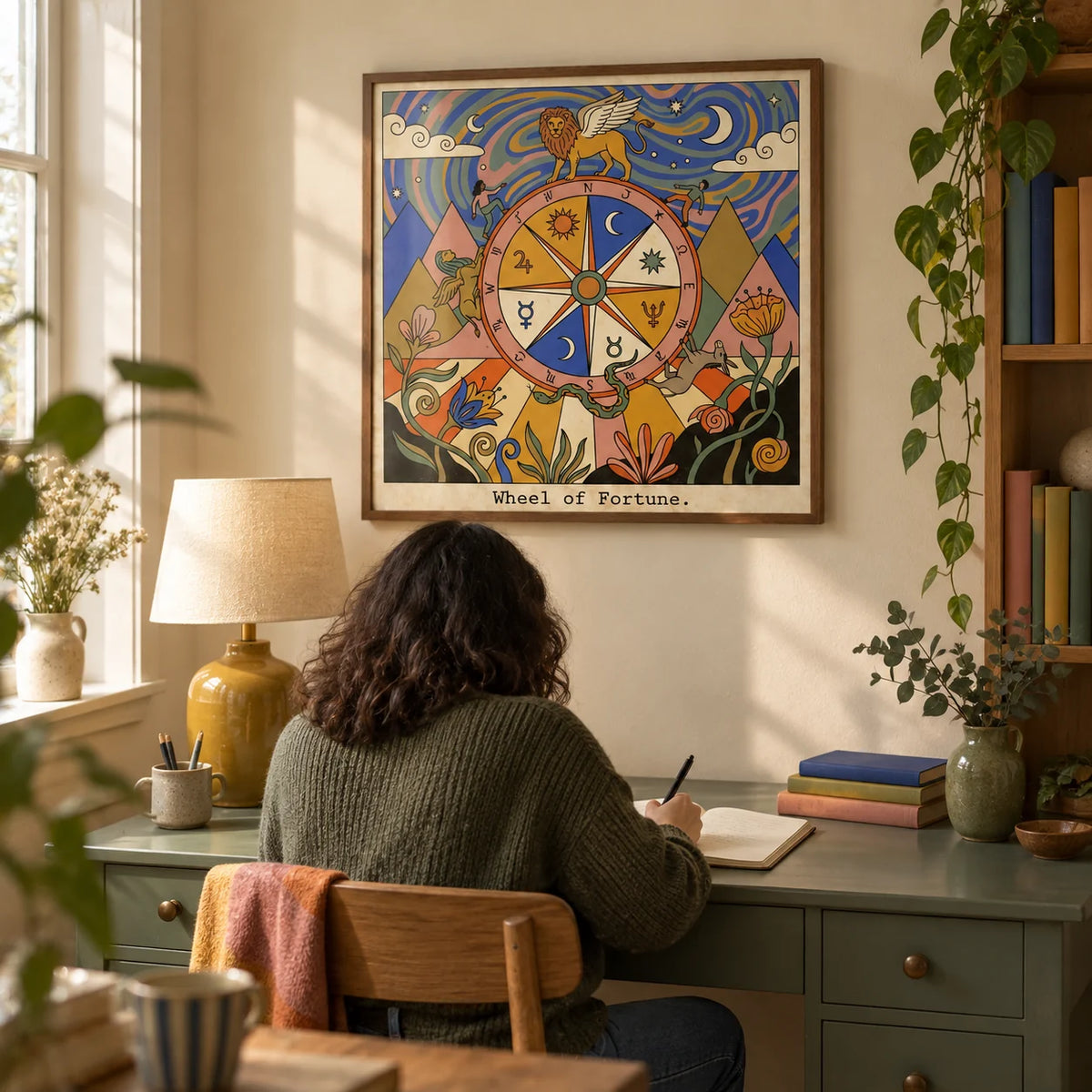 Wheel Of Fortune Tarot Card Art, framed on the wall of a personal study in a terraced home with a warm ivory wall and a sage green painted desk