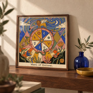 Wheel Of Fortune Tarot Card Art, a small A4 framed print leaning on a walnut shelf in a living room