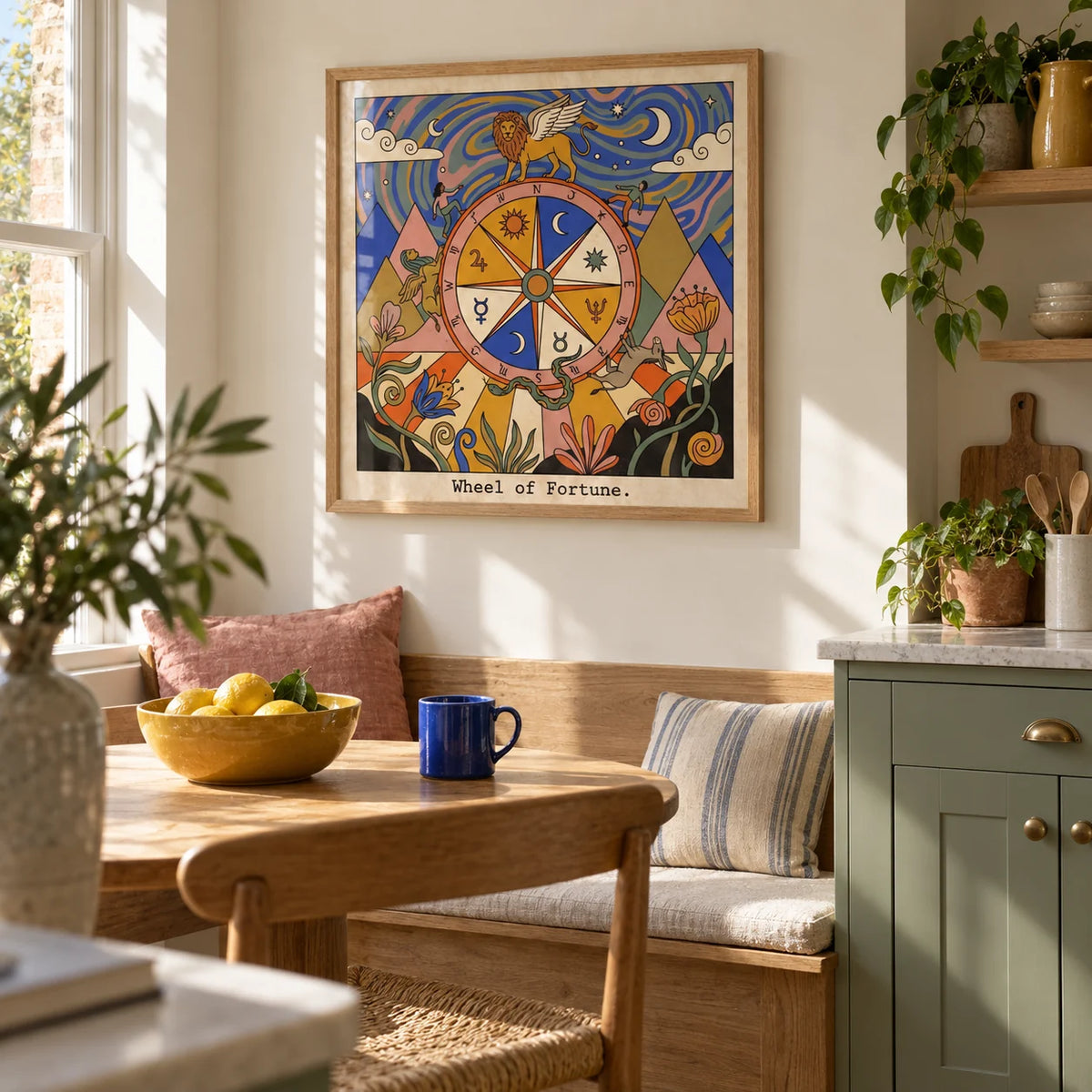 Wheel Of Fortune Tarot Card Art, framed on the wall of a sunny kitchen breakfast corner in a renovated UK terrace with sage green lower cabinets and a cream wall