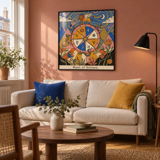Wheel Of Fortune Tarot Card Art, framed on the wall of a warm modern living room in a UK city flat with muted salmon walls and oak floorboards