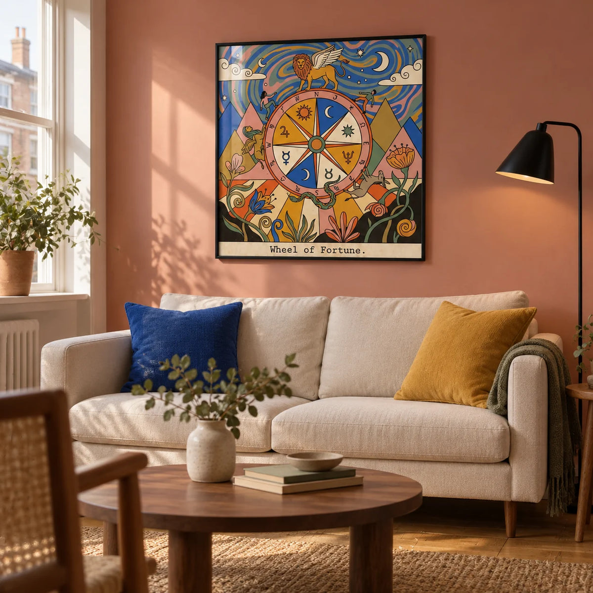 Wheel Of Fortune Tarot Card Art, framed on the wall of a warm modern living room in a UK city flat with muted salmon walls and oak floorboards