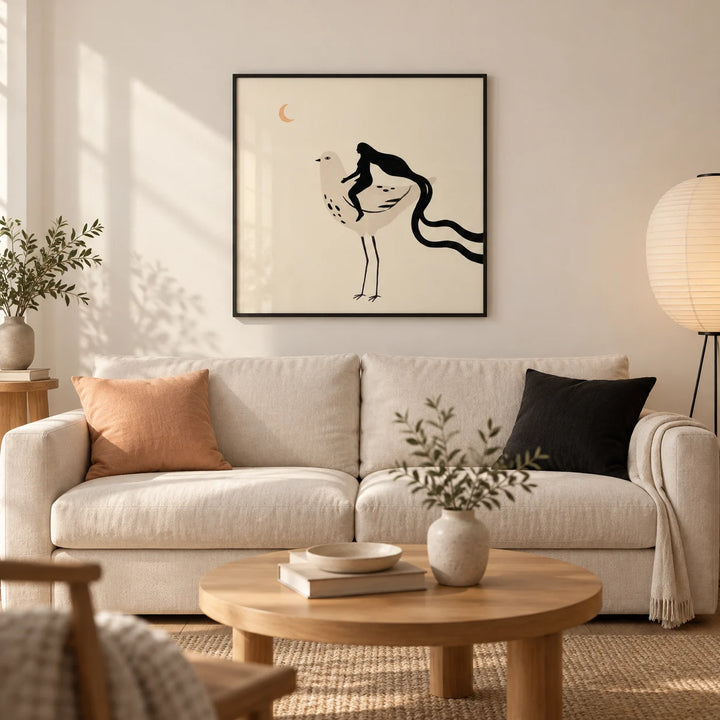 Whimsical Bird Art Print, framed on the wall of a calm contemporary living room in a UK first flat (25-35) with warm white plaster walls and pale oak floorboards