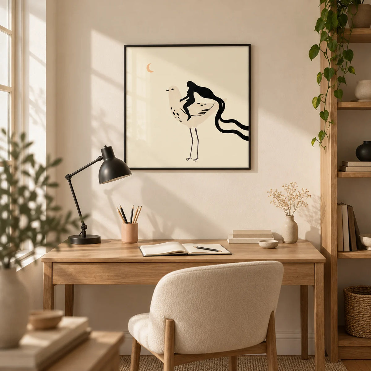 Whimsical Bird Art Print, framed on the wall of a light home study for an illustration enthusiast (25-45)