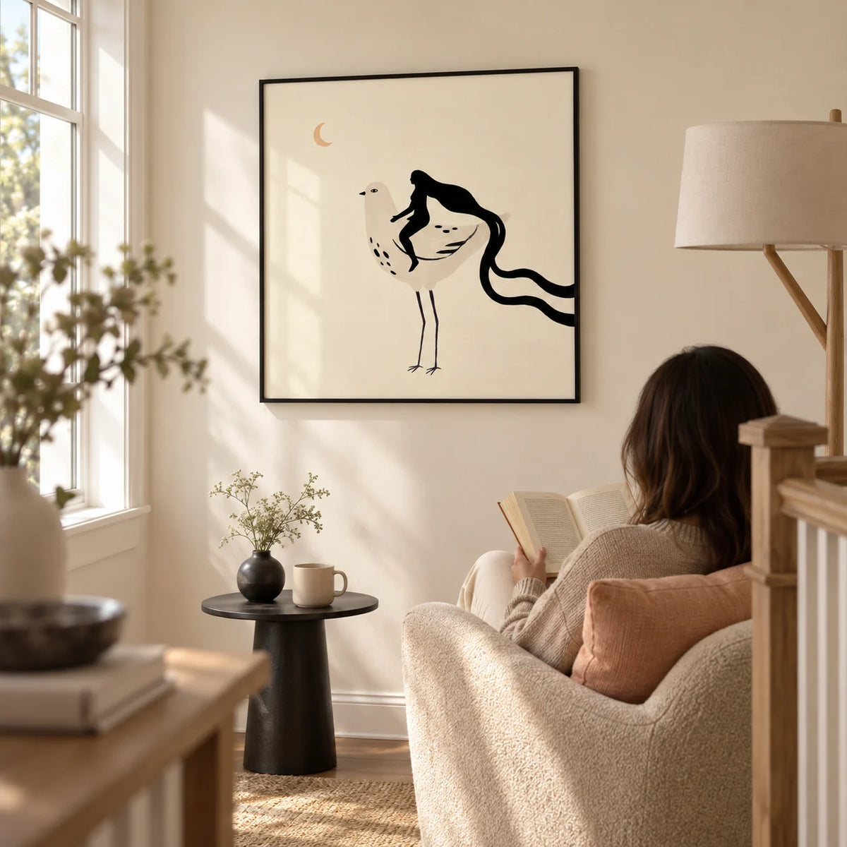 Whimsical Bird Art Print, framed on the wall of a quiet reading nook on a bright landing with a warm cream wall in a living room